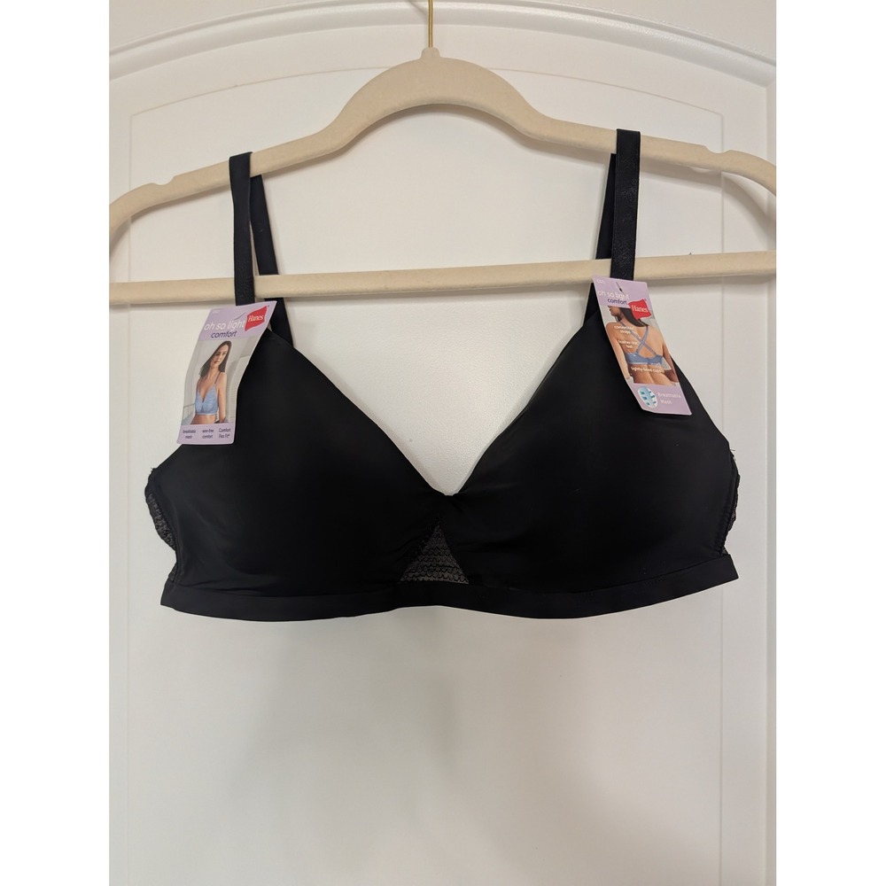 Hanes Oh So Light Comfort Wire-Free Bra Black MHG521 Mesh Convertible Straps M